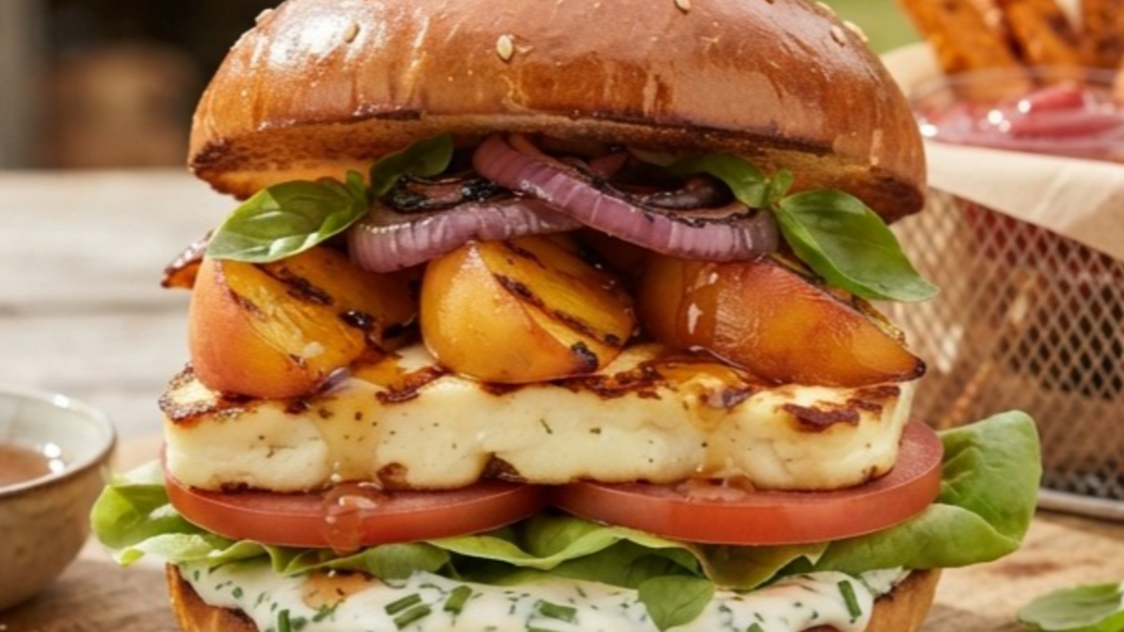 Burger d'halloumi et pêches grillées