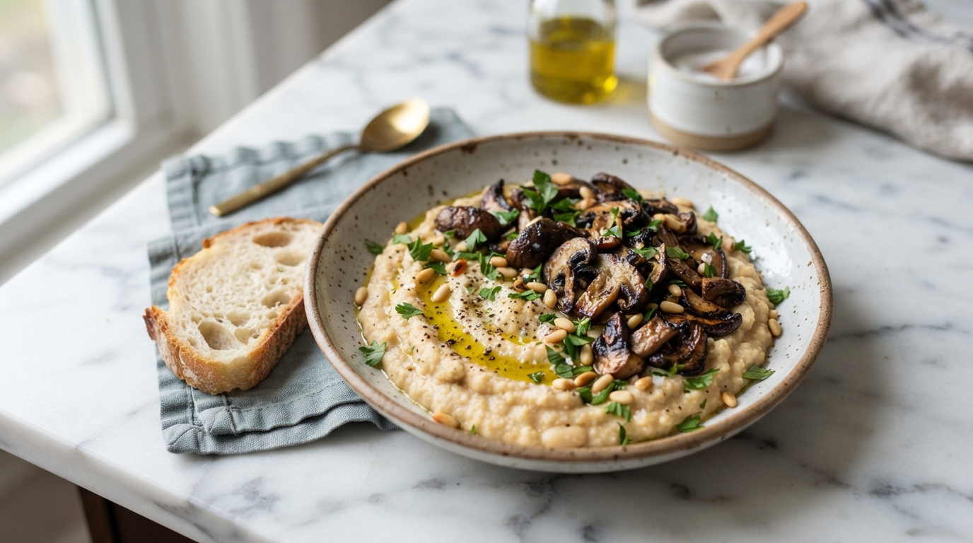 Purée citronnée de haricots aux champignons rôtis