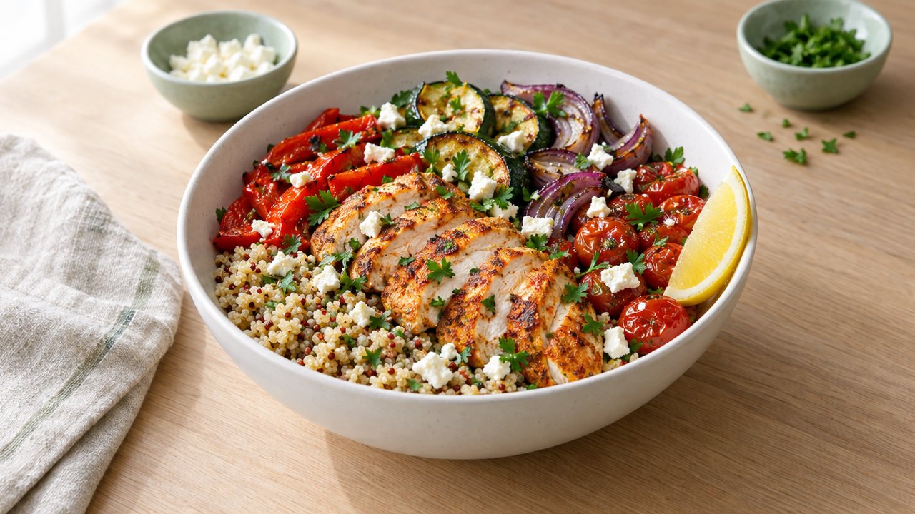 Bols de poulet, quinoa et légumes rôtis
