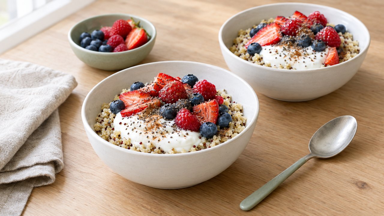 Bol de quinoa, yogourt grec et petits fruits