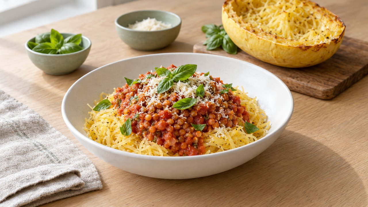 Spaghetti squash with lentil tomato sauce