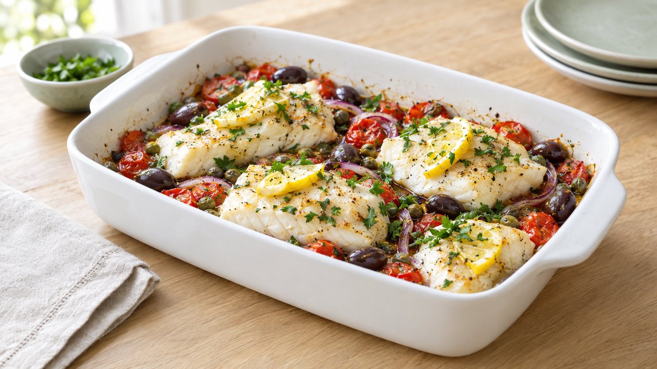 Morue au four, tomates cerises, olives et citron
