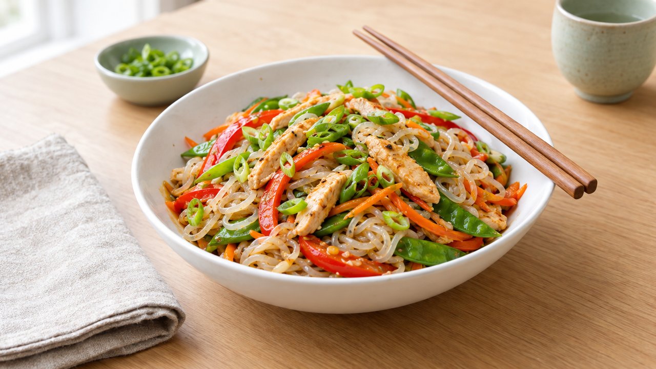 Nouilles shirataki sautées au poulet et aux légumes