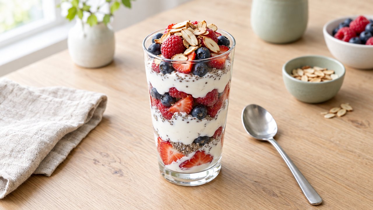 Parfait au yogourt grec, petits fruits et chia