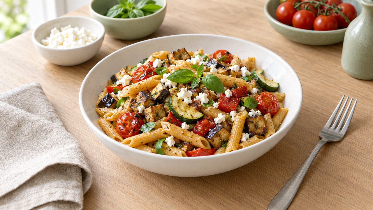 Chickpea pasta with roasted vegetables and feta