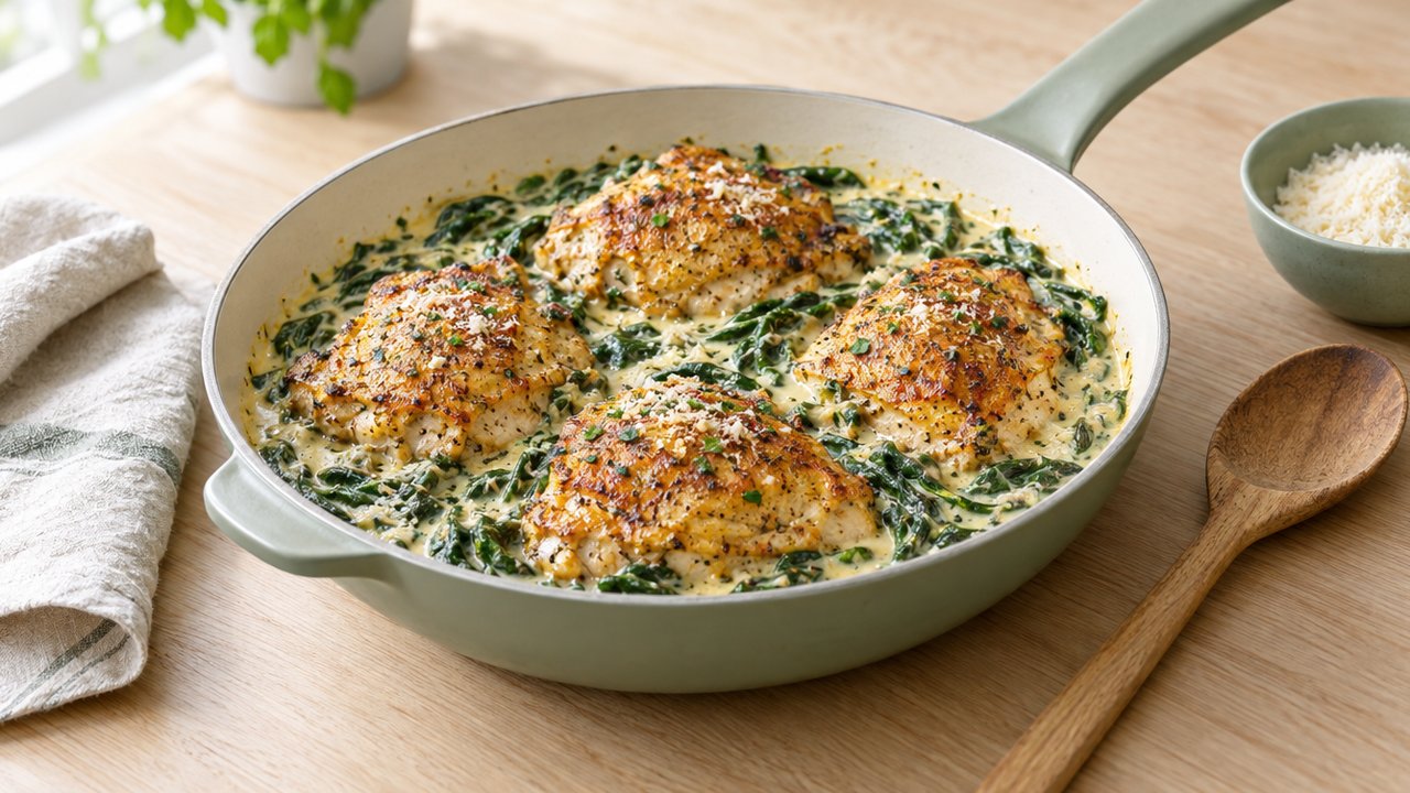 Hauts de cuisses de poulet, épinards à la crème