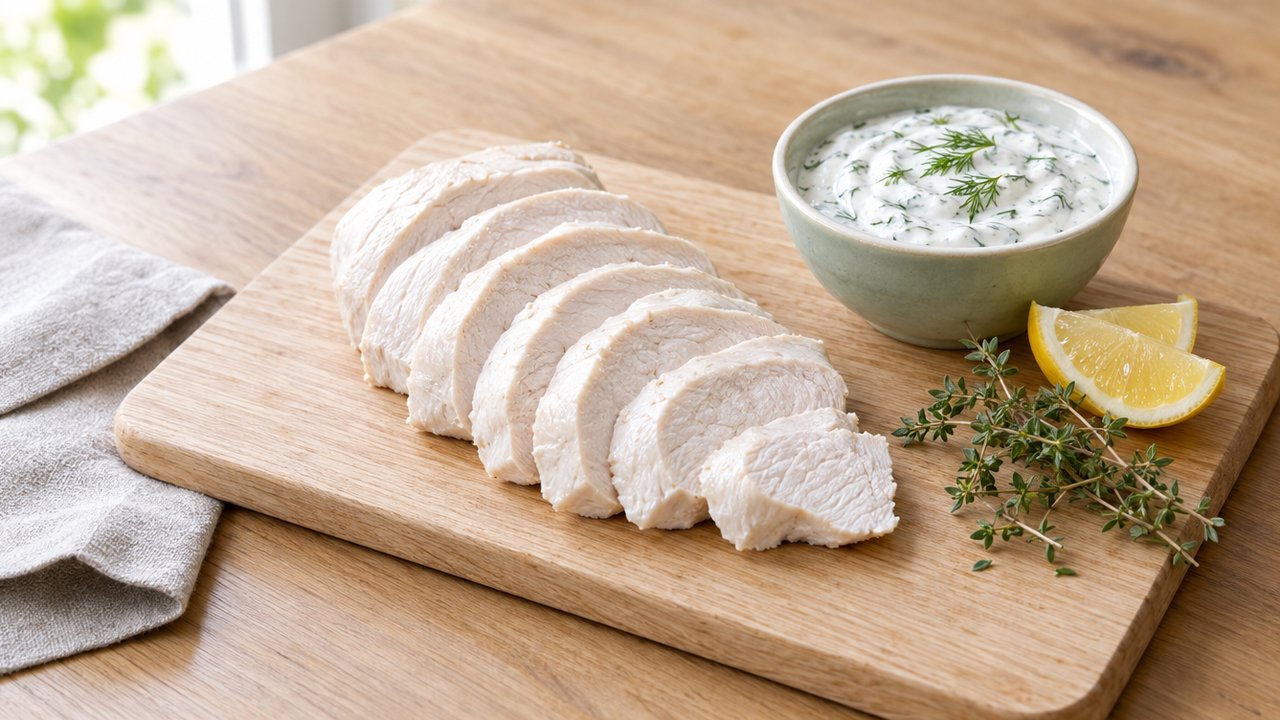 Poitrines de poulet pochées aux fines herbes, sauce yogourt-citron