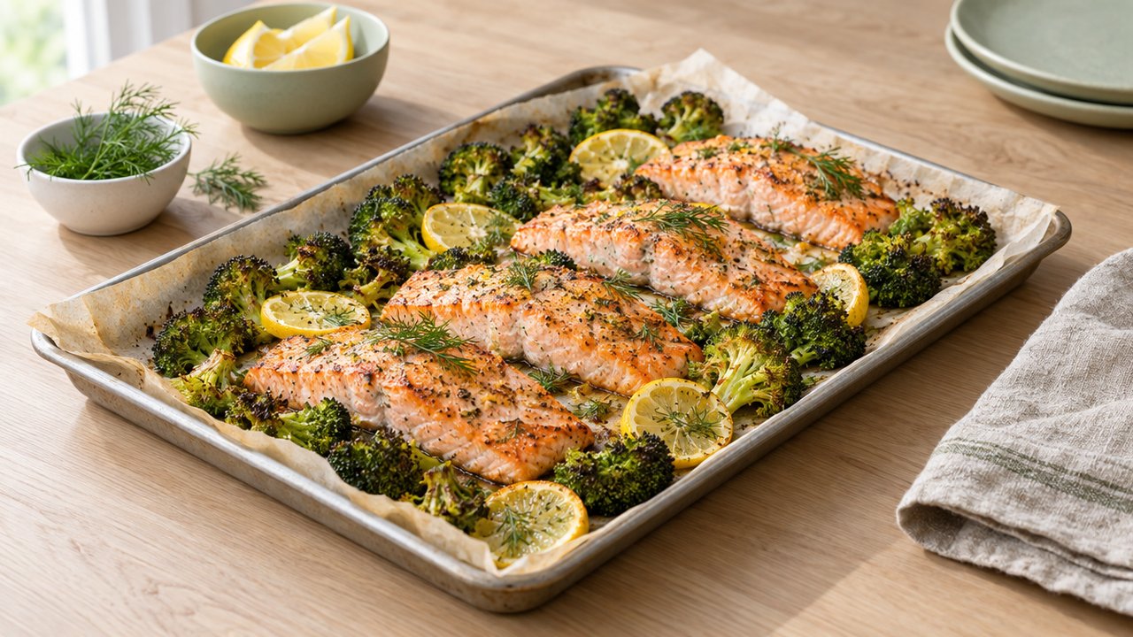 Saumon au four, brocoli, citron et aneth