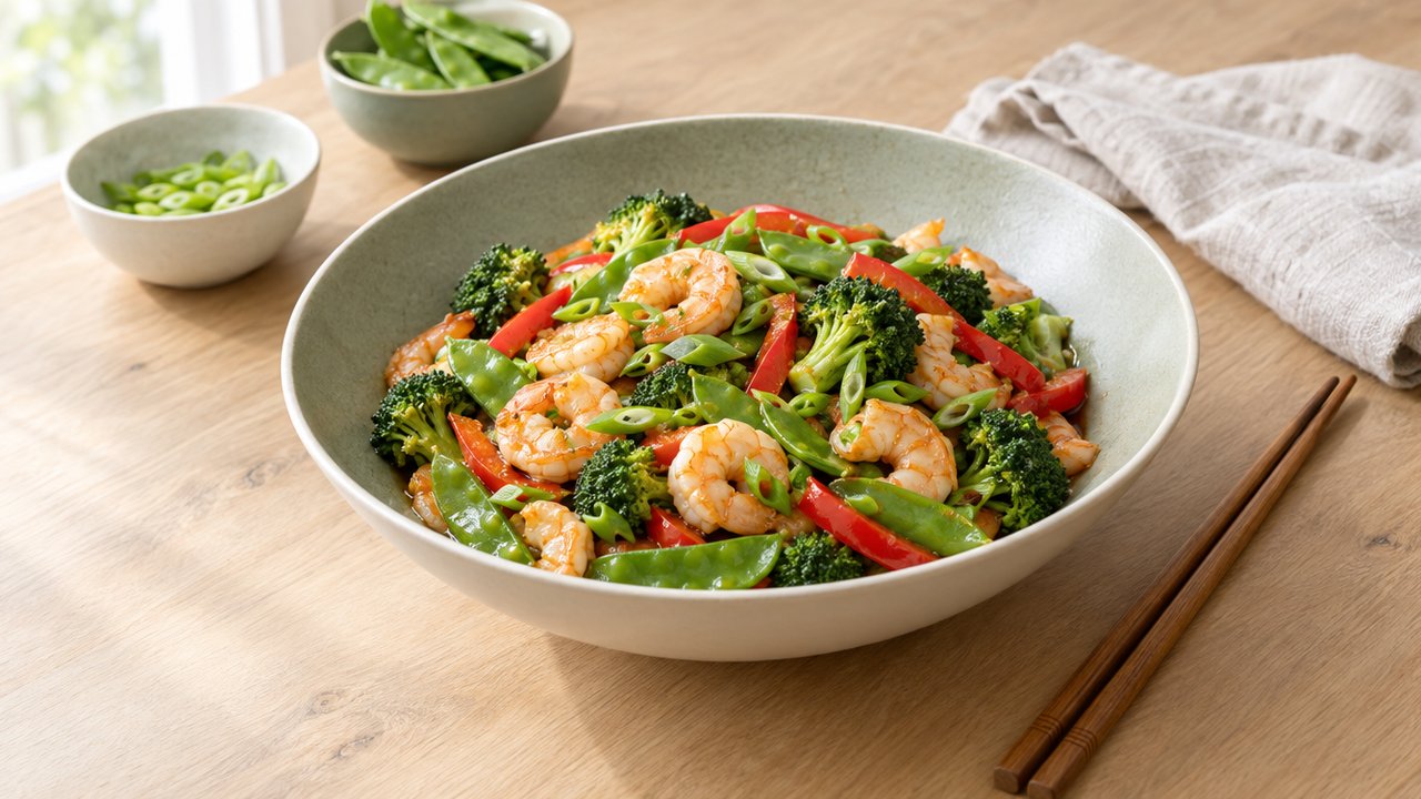 Sauté de crevettes et de légumes
