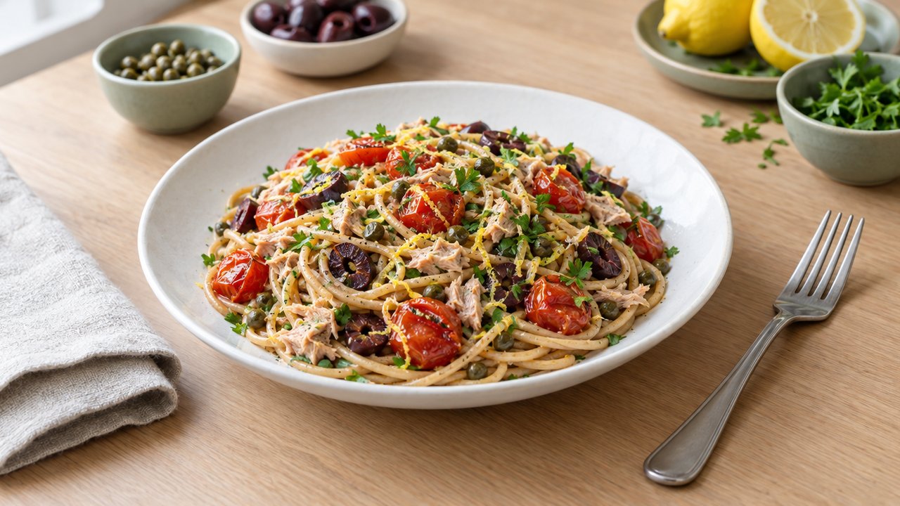 Whole-wheat spaghetti with tuna, cherry tomatoes and capers