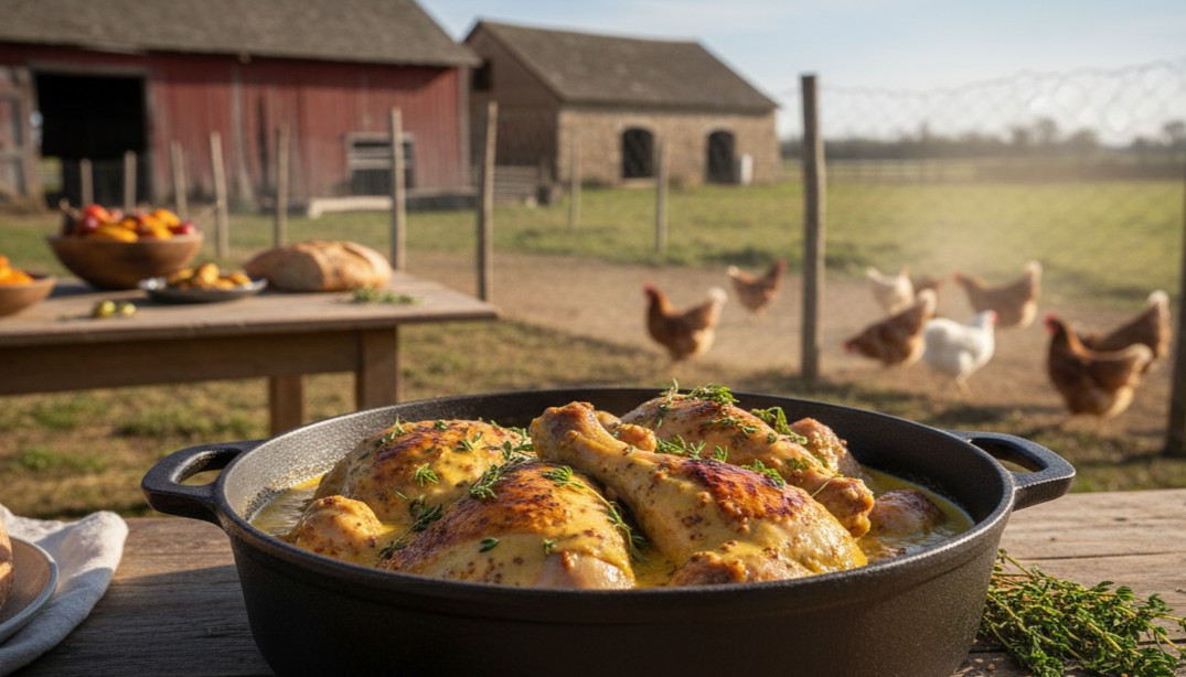 Poulet braisé aux deux moutardes et aux thym